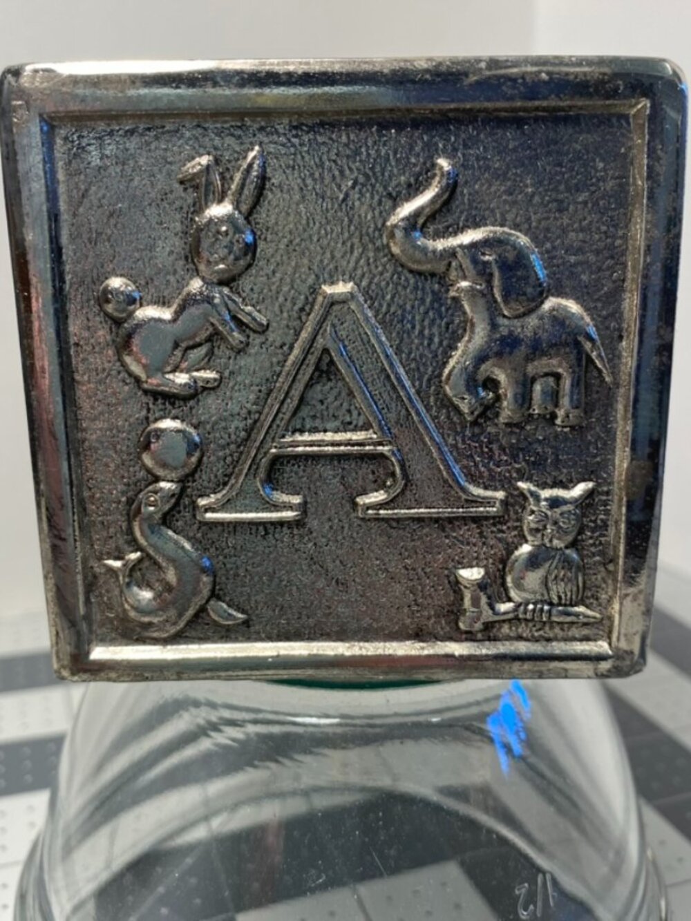 Vintage Raimond Letter Block ABC 3" Cube Baby Silver Plated Coin PiggyBank Japan